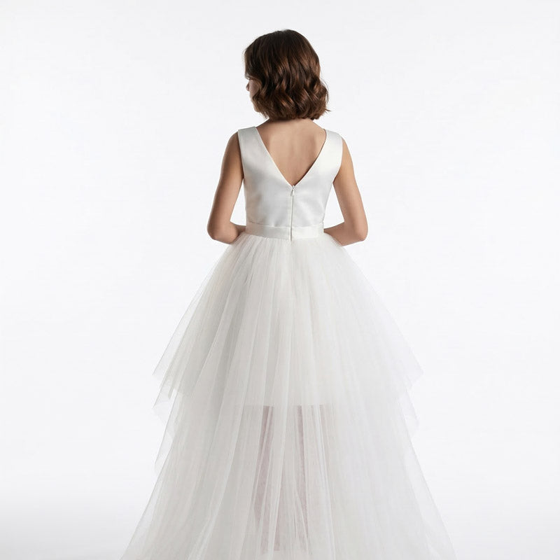 Kız Çocuk Beyaz Önü Kısa Arkası Uzun Kuyruklu Tül Abiye Elbise 24364