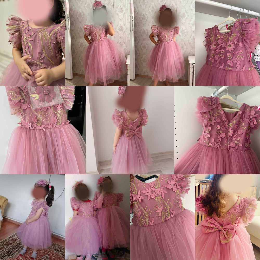 Kız Çocuk Yaprak Nakışlı ve Kabarık Tüllü Prenses Abiye Elbise 77446