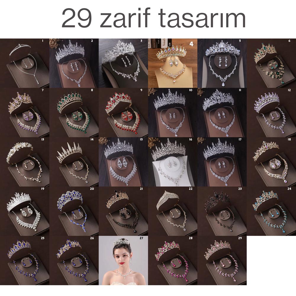 Kristal Taşlı Gelin Tacı & Uyumlu Takı Seti | Şık Düğün Tacı, Kolye, Küpe 17390
