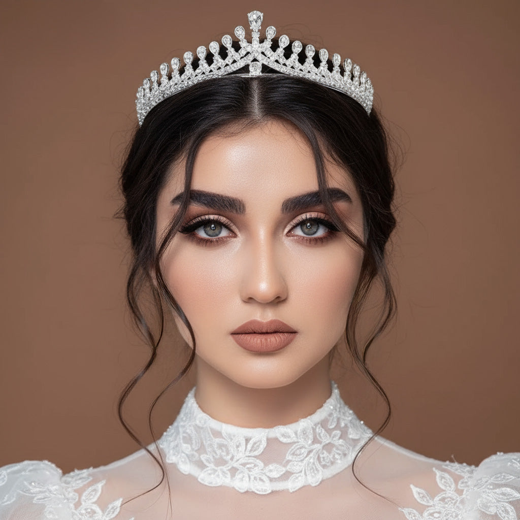 Kristal Taşlı Işıltılı Gelin Tacı | Gümüş & Altın Rengi Düğün Tacı Modeli 05882