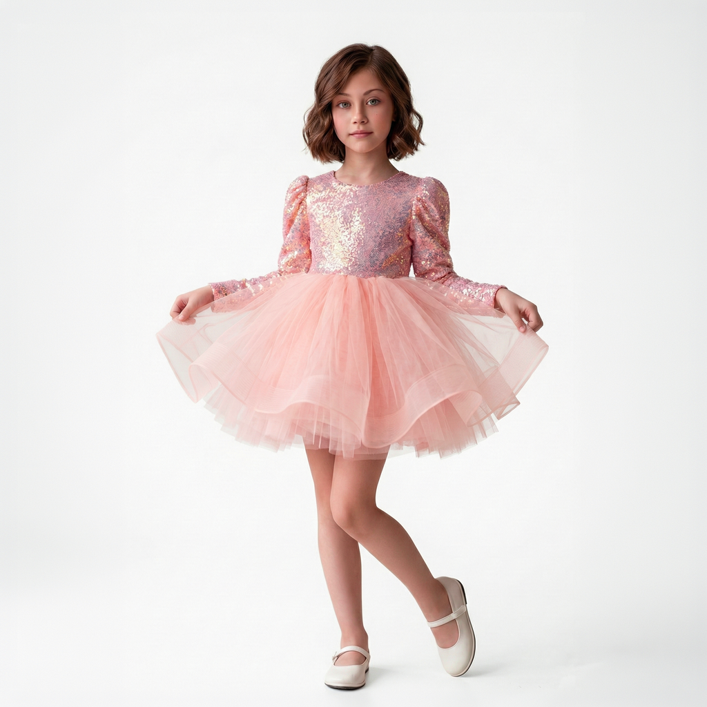 Kız Çocuk Gren Detaylı Kabarık Tüllü ve Pul Payetli Uzun Kollu Abiye Elbise