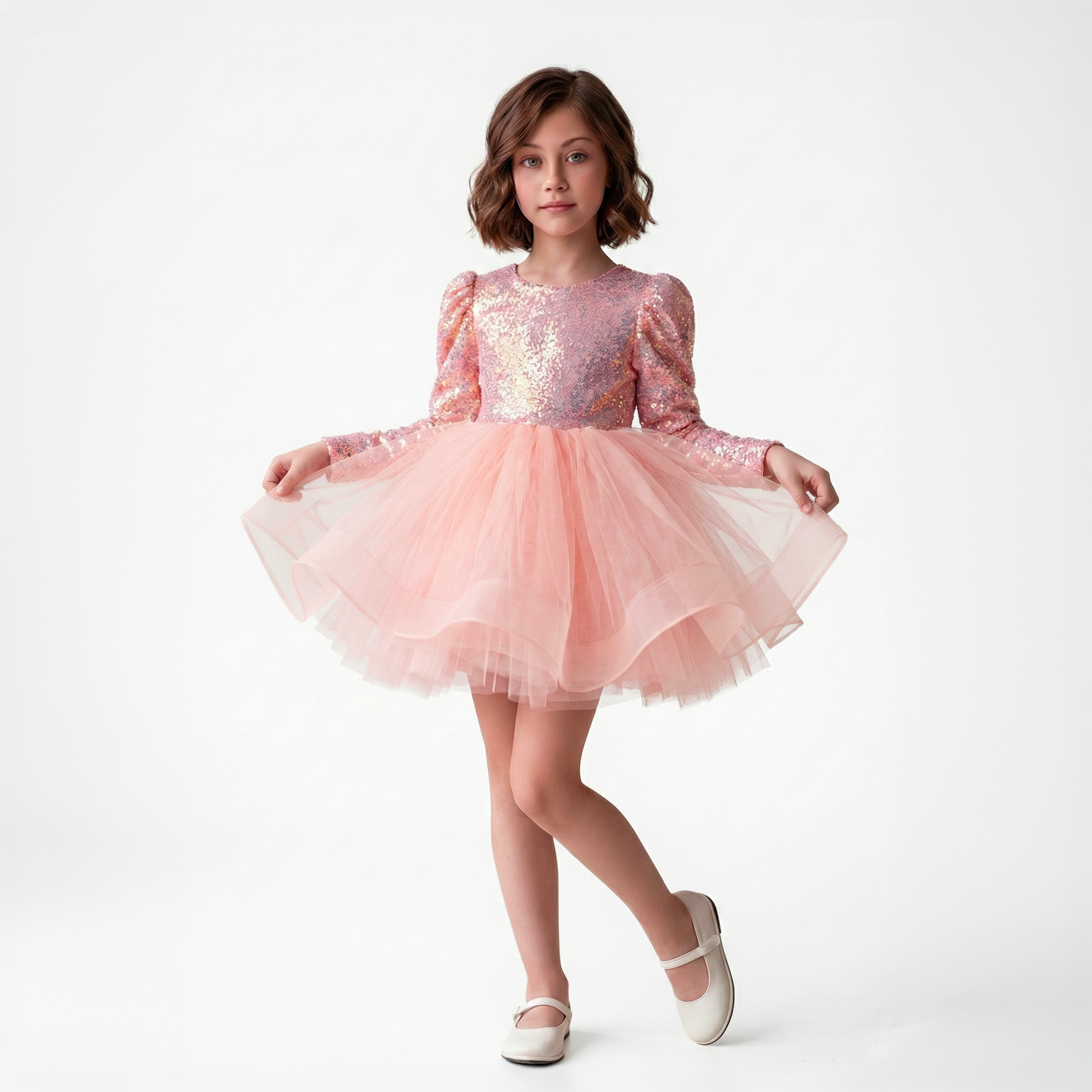 Kız Çocuk Gren Detaylı Kabarık Tüllü ve Pul Payetli Uzun Kollu Abiye Elbise