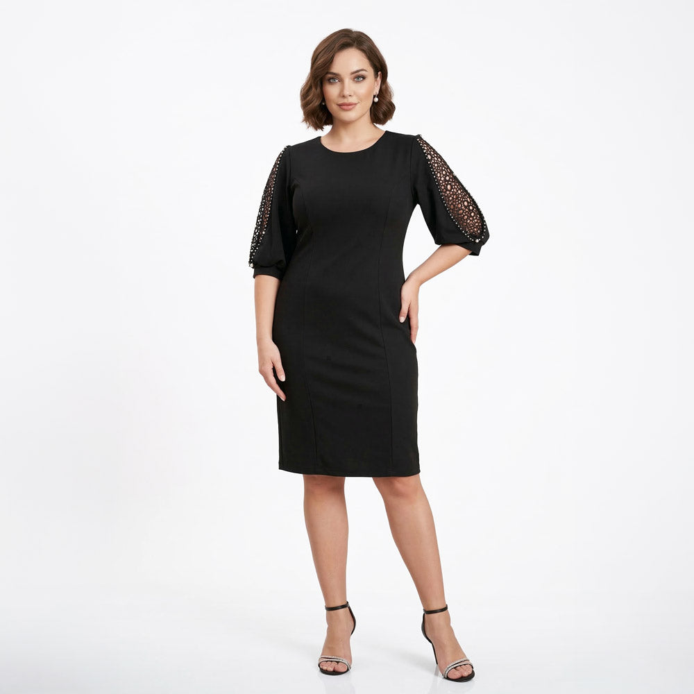 Büyük beden siyah renkli bisiklet yakalı kolları inci detaylı kadın midi abiye elbise