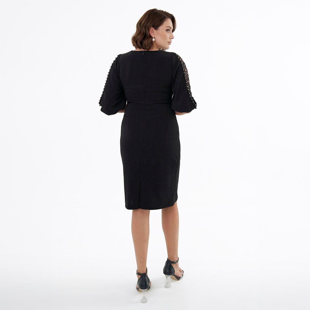 Kadın Büyük Beden Siyah Bisiklet Yaka Kolları İnci İşlemeli Midi Abiye Elbise 00180