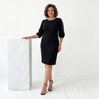 Büyük beden siyah renkli bisiklet yakalı kolları inci detaylı kadın midi abiye elbise