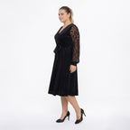 Siyah renkli kruvaze yakalı uzun kollu kuşaklı kadın büyük beden kadife abiye elbise