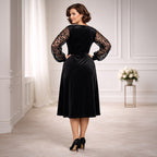 Siyah renkli kruvaze yakalı uzun kollu kuşaklı kadın büyük beden kadife abiye elbise