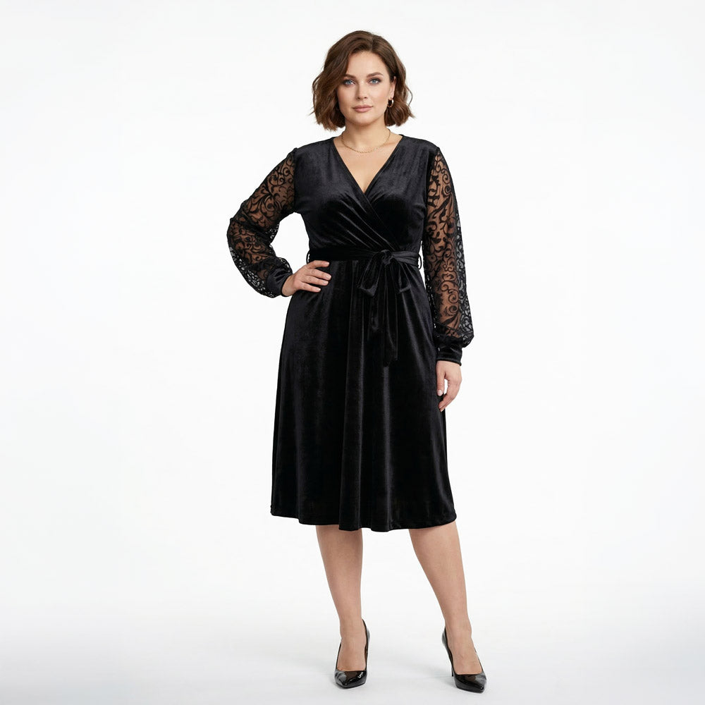Siyah renkli kruvaze yakalı uzun kollu kuşaklı kadın büyük beden kadife abiye elbise