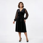 Siyah renkli kruvaze yakalı uzun kollu kuşaklı kadın büyük beden kadife abiye elbise