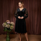 Siyah renkli kruvaze yakalı uzun kollu kuşaklı kadın büyük beden kadife abiye elbise