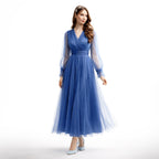 Kadın Kraliyet Mavisi Kruvaze Yaka Balon Kol Tül Midi Abiye Elbise
