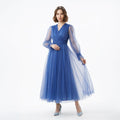 Kadın Kraliyet Mavisi Kruvaze Yaka Balon Kol Tül Midi Abiye Elbise 87827