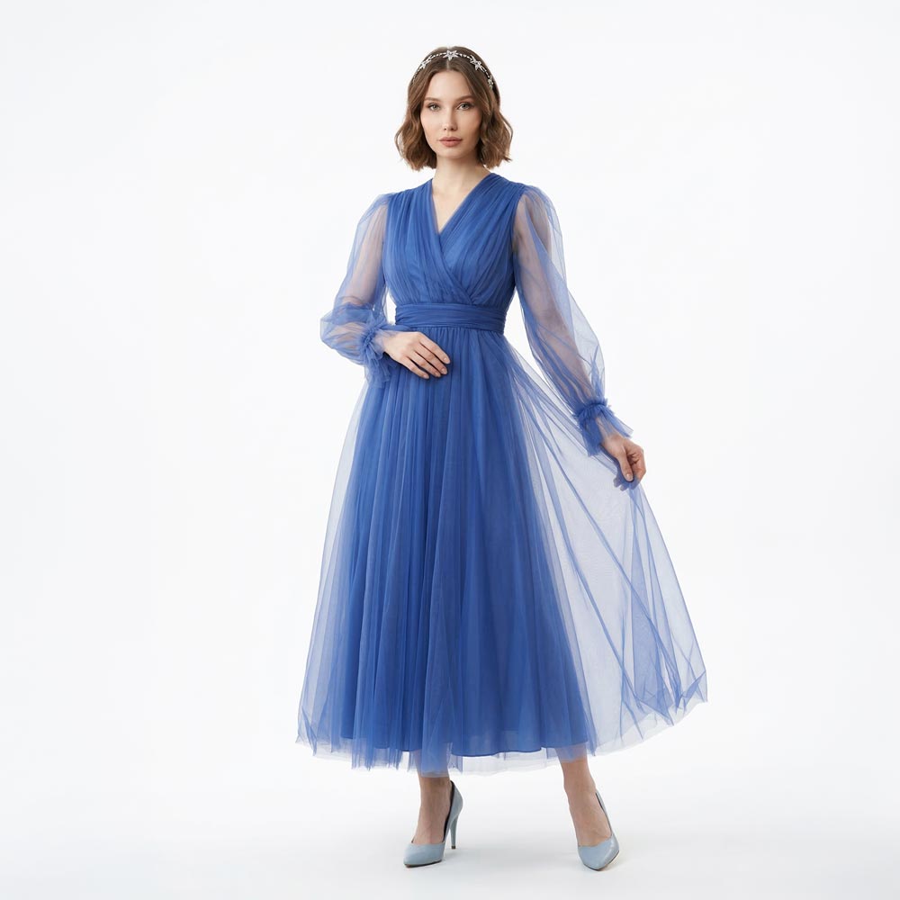 Kadın Kraliyet Mavisi Kruvaze Yaka Balon Kol Tül Midi Abiye Elbise 87827