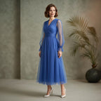 Kadın Kraliyet Mavisi Kruvaze Yaka Balon Kol Tül Midi Abiye Elbise