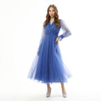 Kadın Kraliyet Mavisi Kruvaze Yaka Balon Kol Tül Midi Abiye Elbise