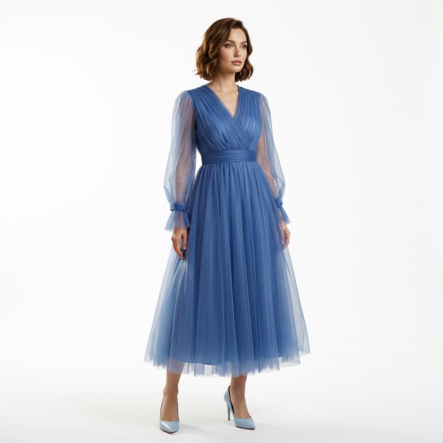 Kraliyet mavisi lacivert renkli kruvaze yaka uzun balon kollu kemerli kadın tül midi abiye elbise