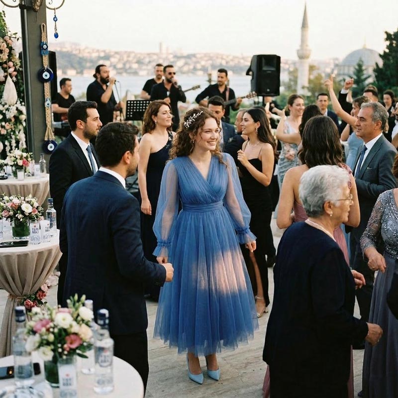 Kadın Kraliyet Mavisi Kruvaze Yaka Balon Kol Tül Midi Abiye Elbise 87827