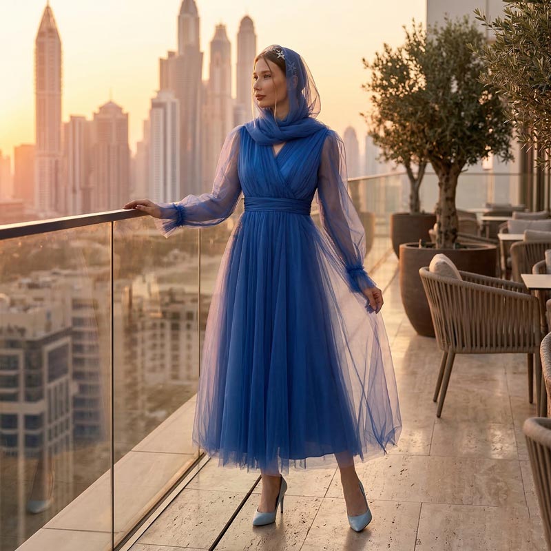 Kadın Kraliyet Mavisi Kruvaze Yaka Balon Kol Tül Midi Abiye Elbise 87827