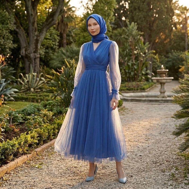 Kadın Kraliyet Mavisi Kruvaze Yaka Balon Kol Tül Midi Abiye Elbise 87827