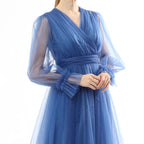 Kadın Kraliyet Mavisi Kruvaze Yaka Balon Kol Tül Midi Abiye Elbise