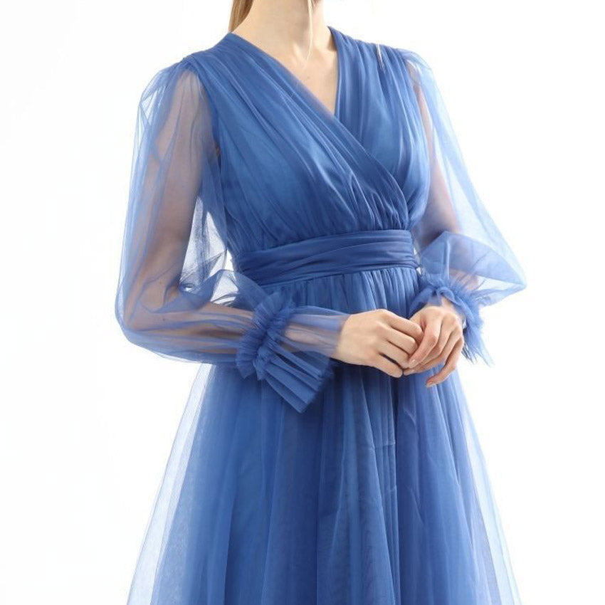 Kadın Kraliyet Mavisi Kruvaze Yaka Balon Kol Tül Midi Abiye Elbise