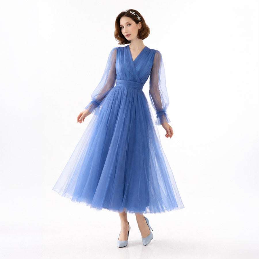 Kadın Kraliyet Mavisi Kruvaze Yaka Balon Kol Tül Midi Abiye Elbise