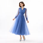 Kadın Kraliyet Mavisi Kruvaze Yaka Balon Kol Tül Midi Abiye Elbise