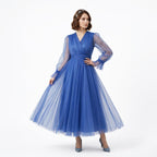 Kadın Kraliyet Mavisi Kruvaze Yaka Balon Kol Tül Midi Abiye Elbise