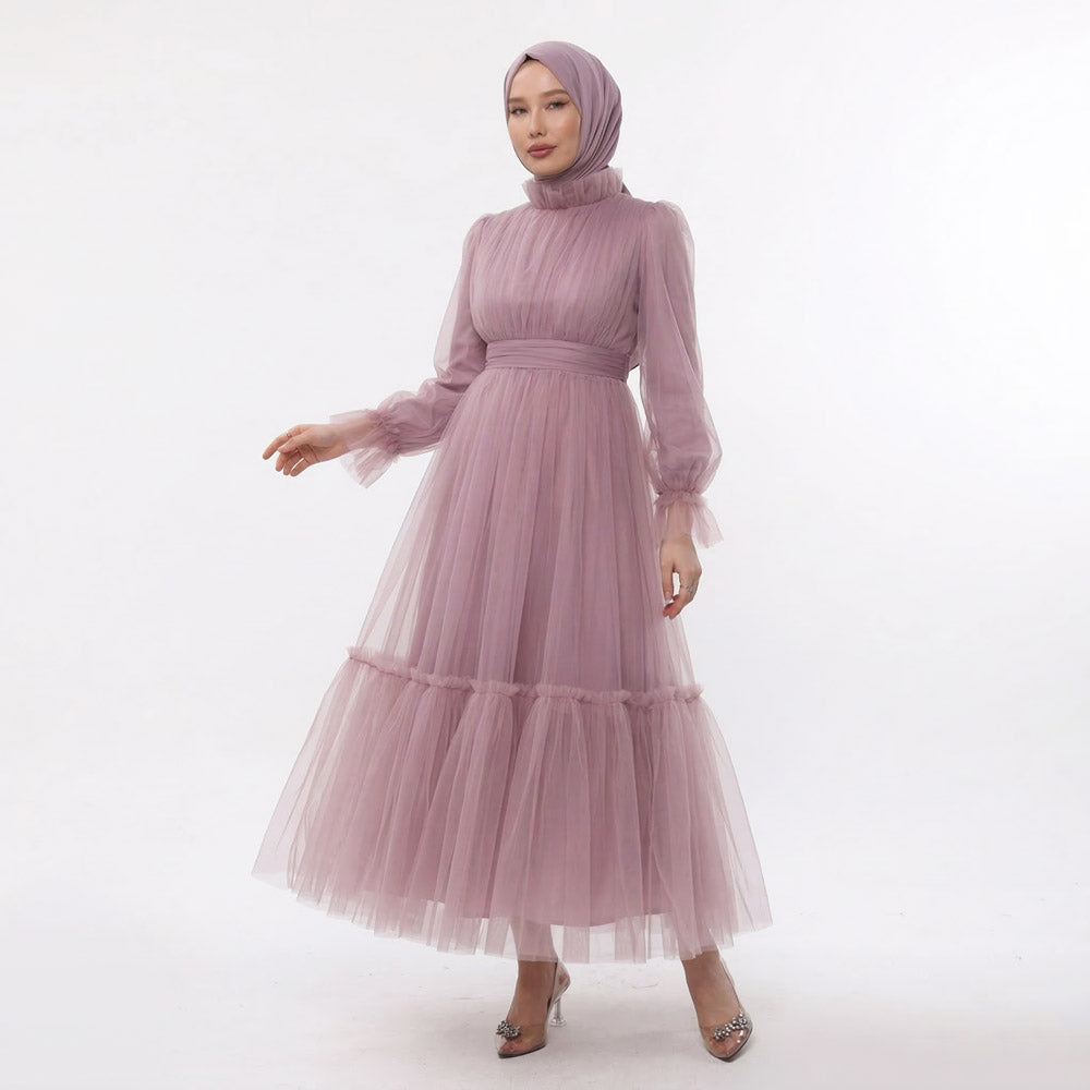 Kadın Lila Hayal Tül Büzgü Detaylı Tesettür Abiye Elbise 98658