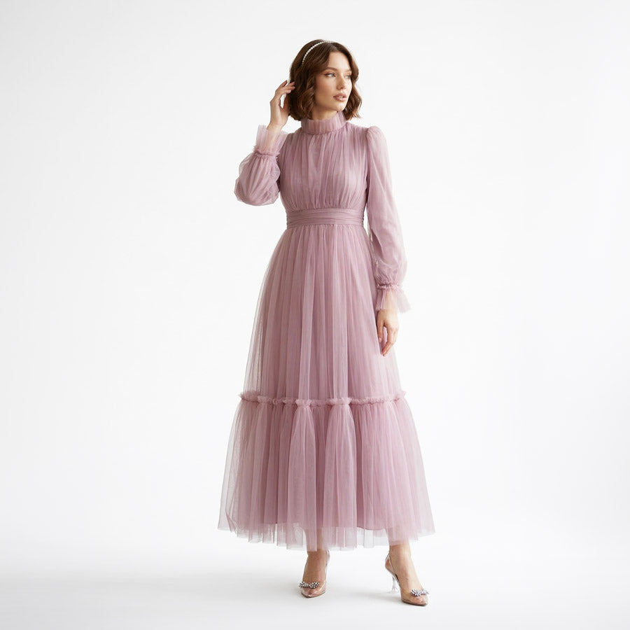 Kadın Lila Hayal Tül Büzgü Detaylı Tesettür Abiye Elbise 98658