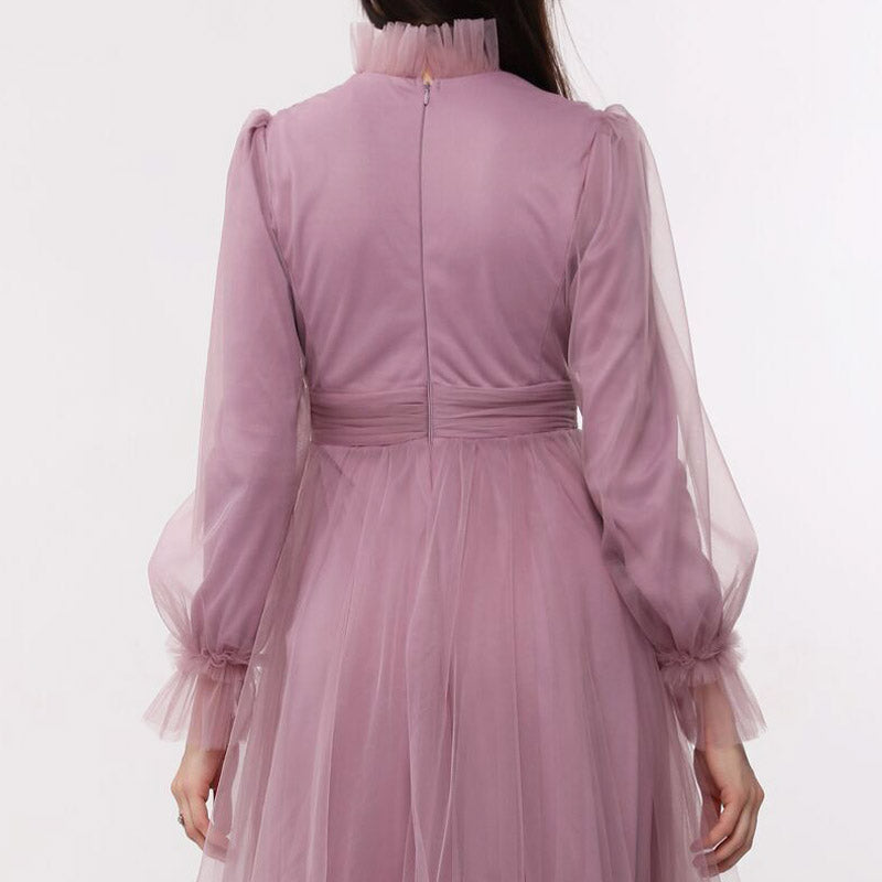 Kadın Lila Hayal Tül Büzgü Detaylı Tesettür Abiye Elbise 98658