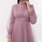 Kadın Lila Hayal Tül Büzgü Detaylı Tesettür Abiye Elbise 98658