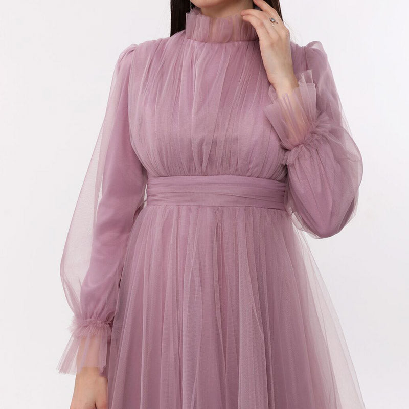 Kadın Lila Hayal Tül Büzgü Detaylı Tesettür Abiye Elbise 98658