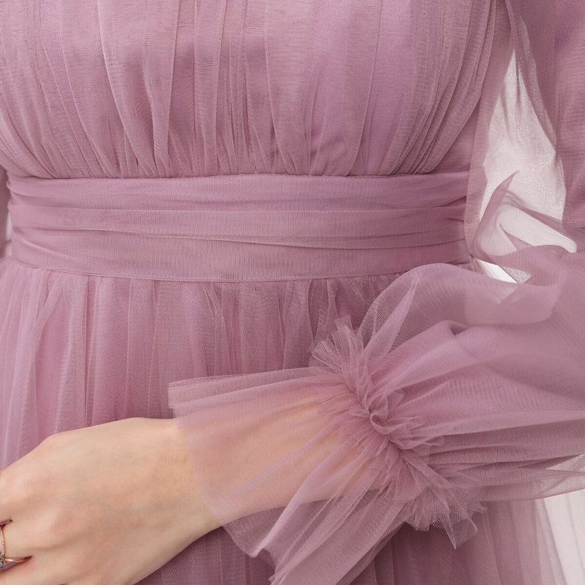 Kadın Lila Hayal Tül Büzgü Detaylı Tesettür Abiye Elbise 98658