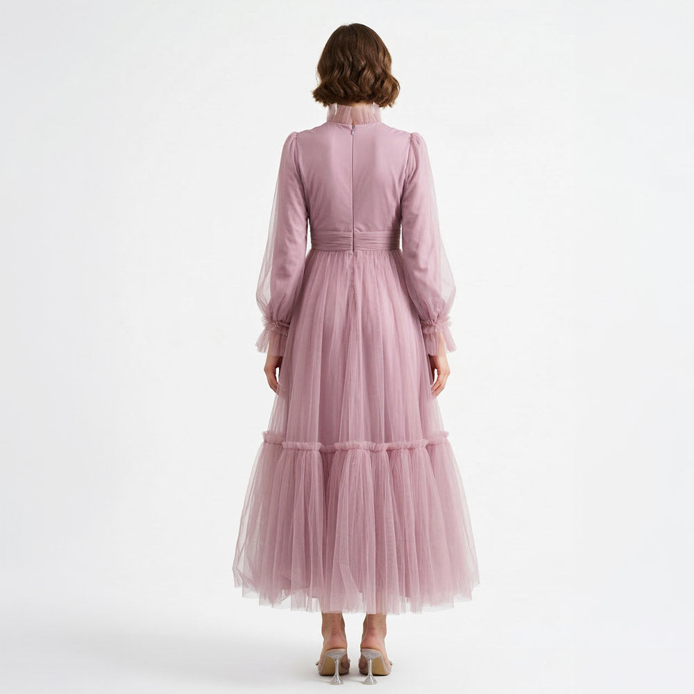 Kadın Lila Hayal Tül Büzgü Detaylı Tesettür Abiye Elbise 98658