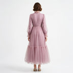 Kadın Lila Hayal Tül Büzgü Detaylı Tesettür Abiye Elbise 98658