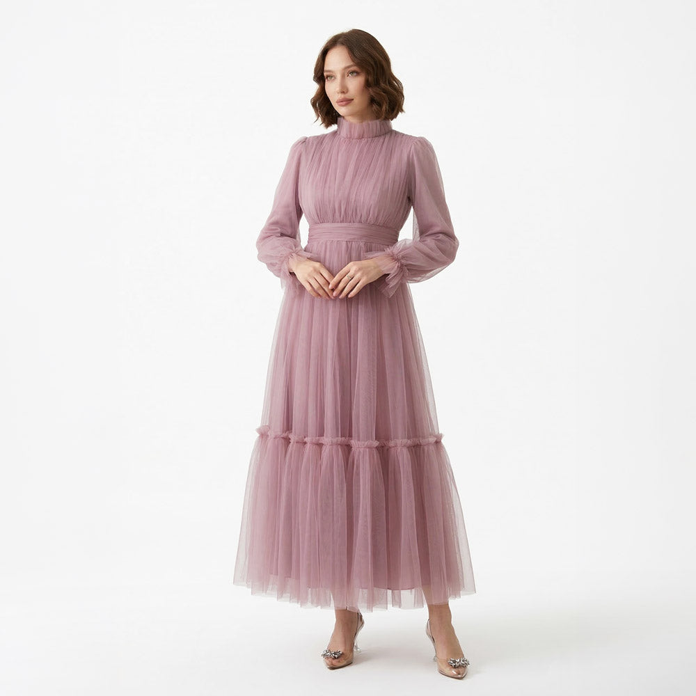 Lila renkli dik yakalı uzun kollu büzgü detaylı kadın tül abiye elbise