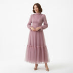 Lila renkli dik yakalı uzun kollu büzgü detaylı kadın tül abiye elbise