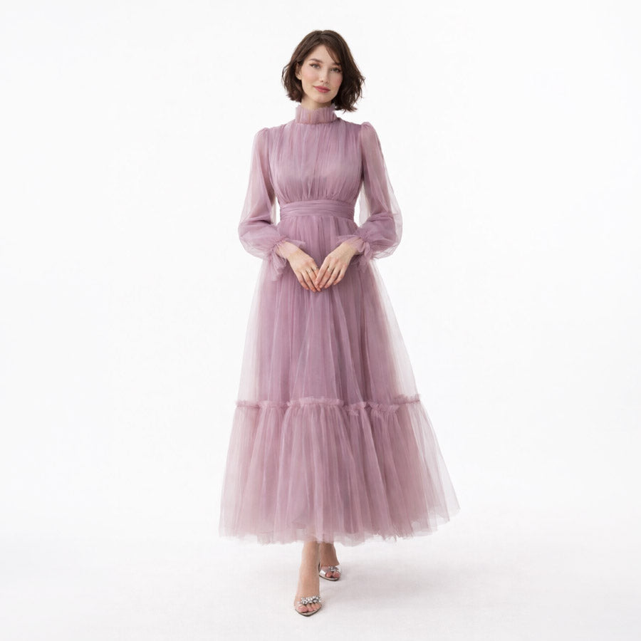 Lila renkli dik yakalı uzun kollu büzgü detaylı kadın tül abiye elbise