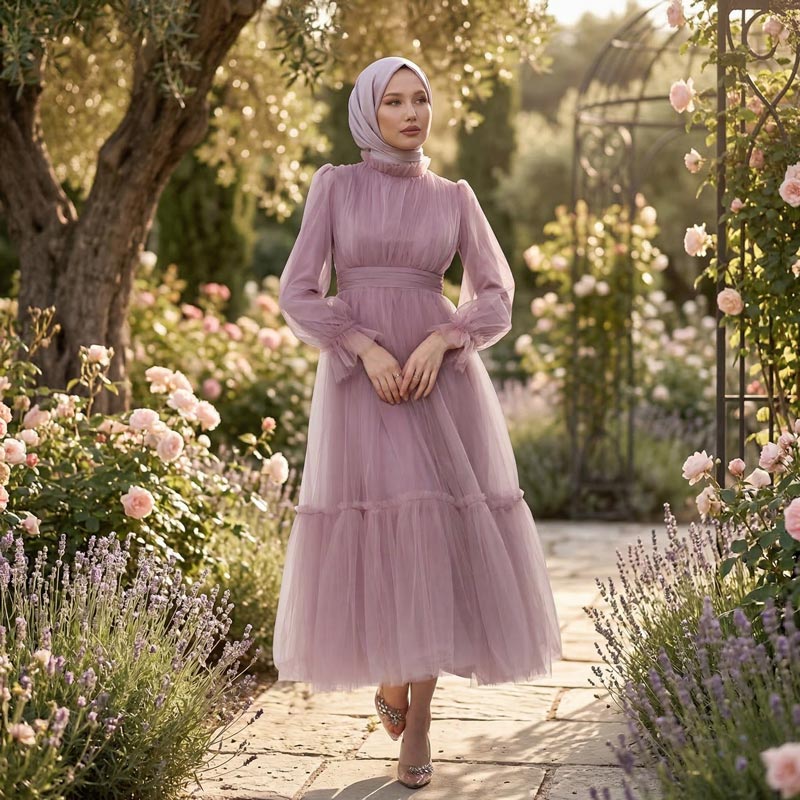 Kadın Lila Hayal Tül Büzgü Detaylı Tesettür Abiye Elbise 98658