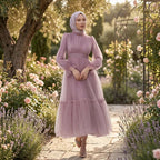 Kadın Lila Hayal Tül Büzgü Detaylı Tesettür Abiye Elbise 98658