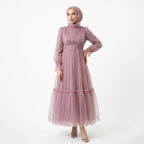 Lila renkli dik yakalı uzun kollu büzgü detaylı kadın tül abiye elbise