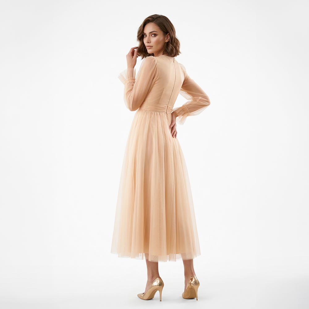 Kadın Nude Bej Kruvaze Yaka Uzun Balon Kollu Tül Abiye Elbise 87827
