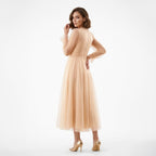 Kadın Nude Bej Kruvaze Yaka Uzun Balon Kollu Tül Abiye Elbise 87827