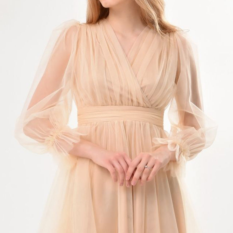 Kadın Nude Bej Kruvaze Yaka Uzun Balon Kollu Tül Abiye Elbise 87827