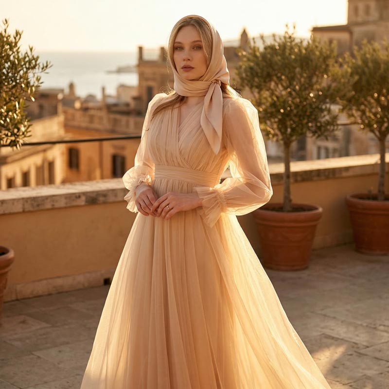 Kadın Nude Bej Kruvaze Yaka Uzun Balon Kollu Tül Abiye Elbise 87827