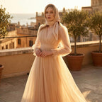 Kadın Nude Bej Kruvaze Yaka Uzun Balon Kollu Tül Abiye Elbise 87827