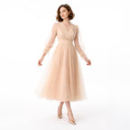 Kadın Nude Bej Kruvaze Yaka Uzun Balon Kollu Tül Abiye Elbise 87827