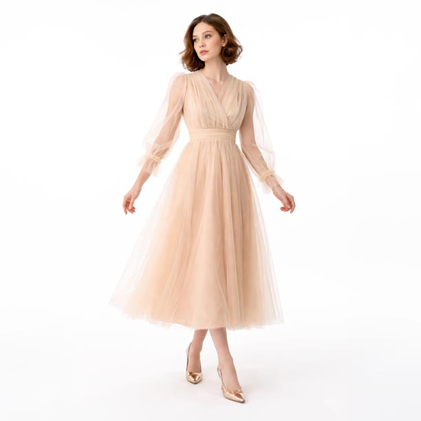 Kadın Nude Bej Kruvaze Yaka Uzun Balon Kollu Tül Abiye Elbise 87827