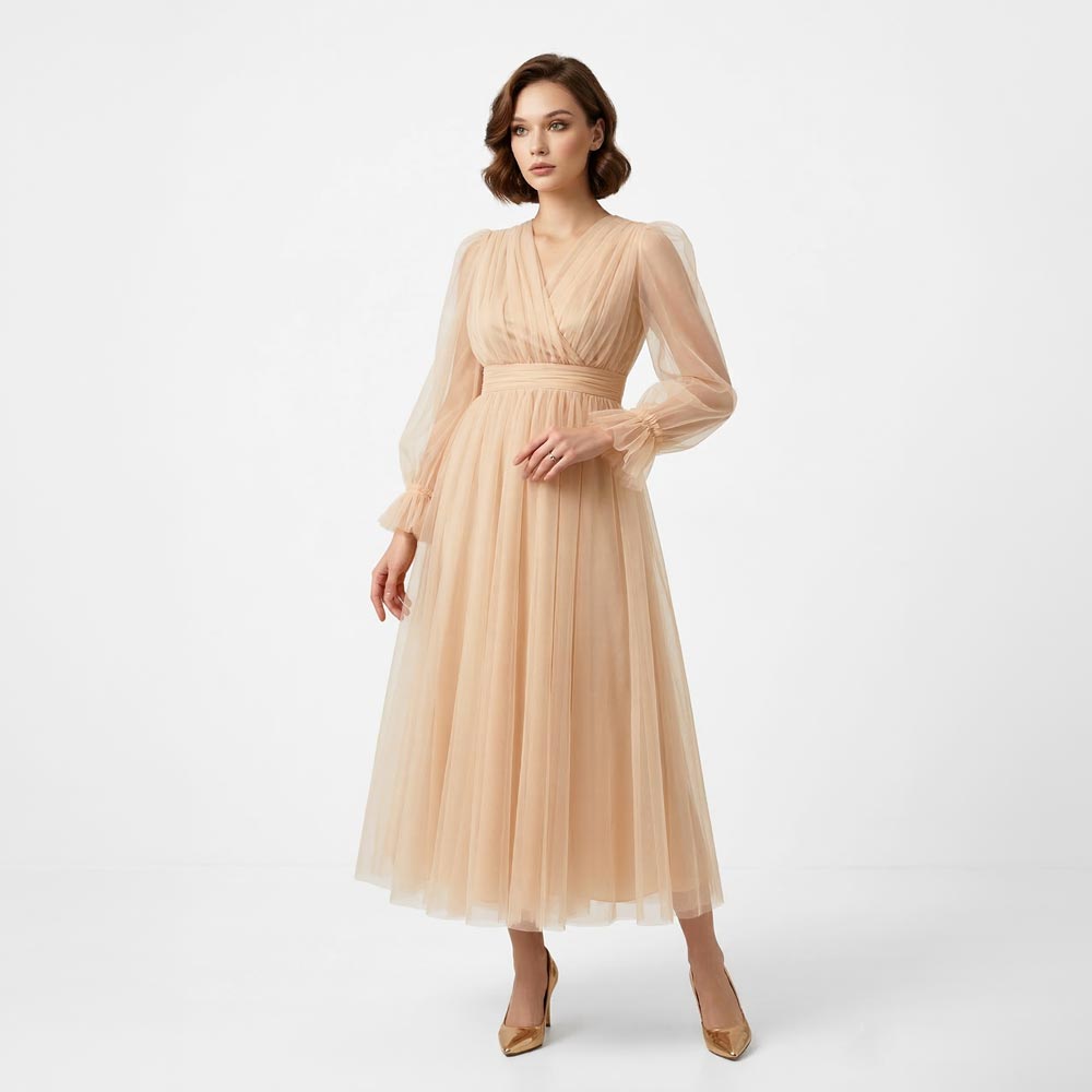 Kadın Nude Bej Kruvaze Yaka Uzun Balon Kollu Tül Abiye Elbise 87827